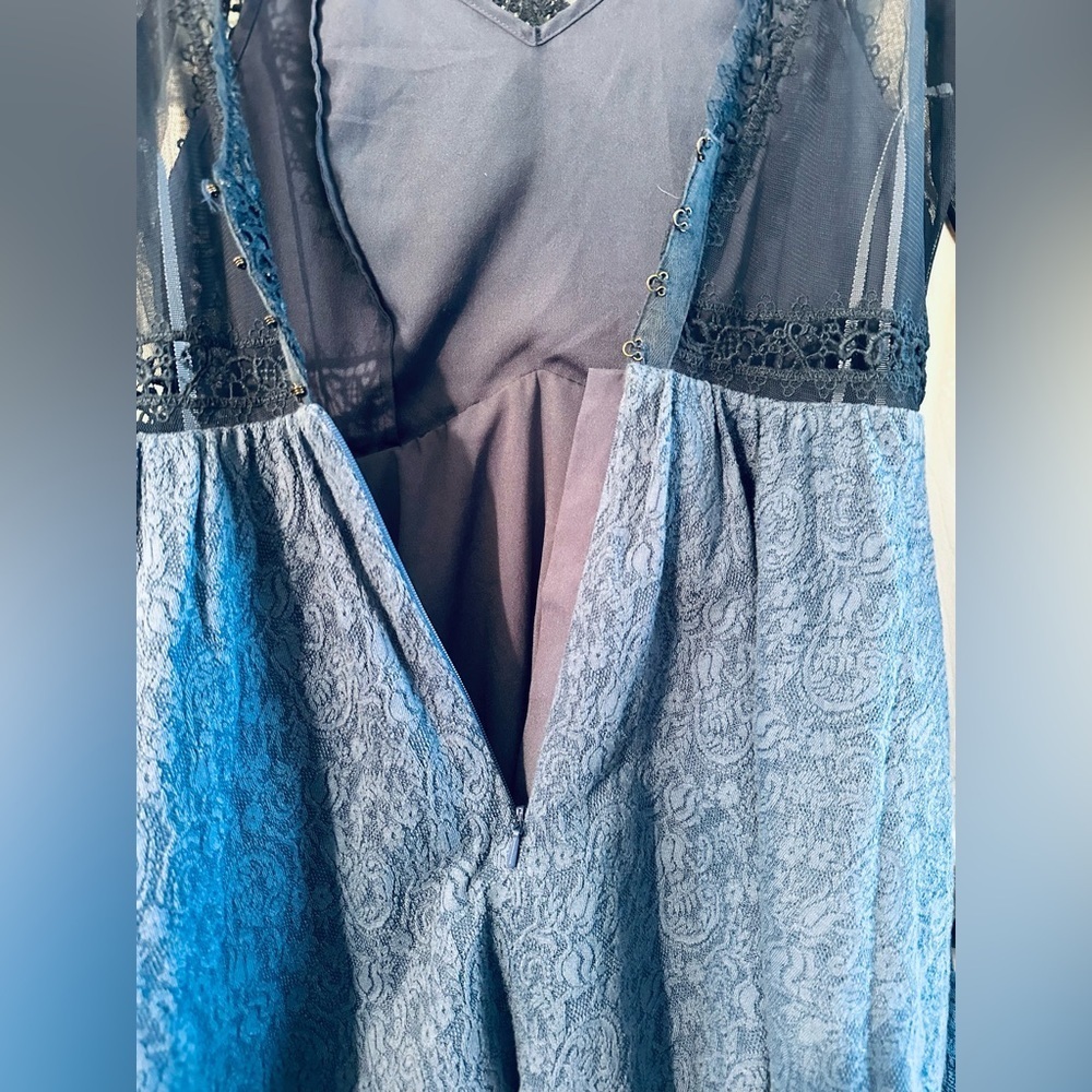 FREE PEOPLE Fairy Feminine Rave Whimsigoth Sz 2 Blue Mesh Lace Sheer Mini Dress - Picture 15 of 16